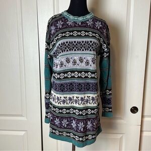 VINTAGE NORDIC ICELANDIC WINTER FLORAL STRIPE SWEATER DRESS APRES SKI